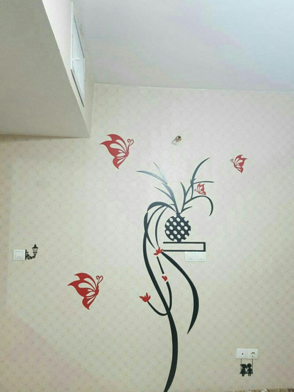 برچسب دیواری طرح گلدان آویز دکوری برگ آناناسی گل و پروانه برچسب دیواری مصر